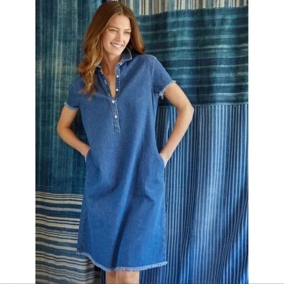 J McLaughlin Jones Denim Shift Dress Blue Raw Fringe Hem Trim Casual - Picture 1 of 12